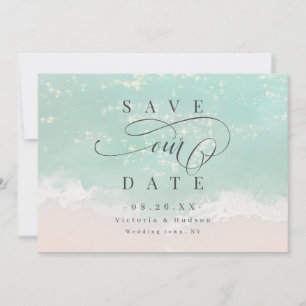 Eleganter abstrakter, glitzernder Strand Save The Date