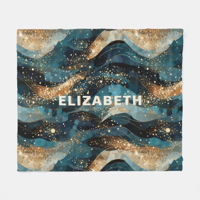 Eleganter Abstrakter Winter Navy Gold Glitzer Fleecedecke (Vorderseite (Horizontal))