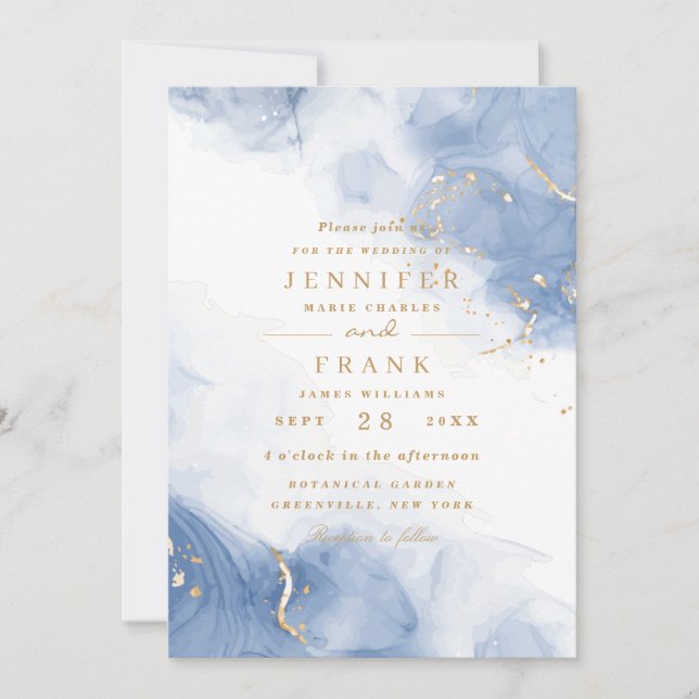 Eleganter Alkohol Tinte Gold Blauer Gänzlich Weiß Einladung (Vorderseite)
