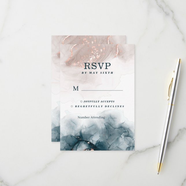 Eleganter Alkohol Tinte Gold Rosa Blau RSVP Karte (Vorderseite/Rückseite Beispiel)