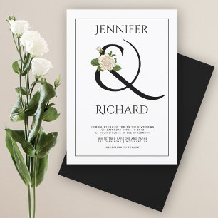 Eleganter Ampersand und Rose Schwarzweiß Hochzeit Einladung