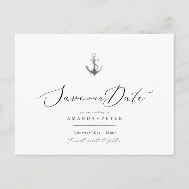 Eleganter Anker, Save the Date nautisch Postkarte (Vorderseite)