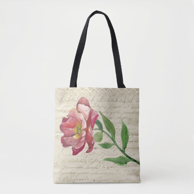 Eleganter antiker Brief mit Blume Tote Beag Tasche (Vorderseite)