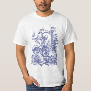 Eleganter antiker Stich blauer Toile Mann und Hund T-Shirt