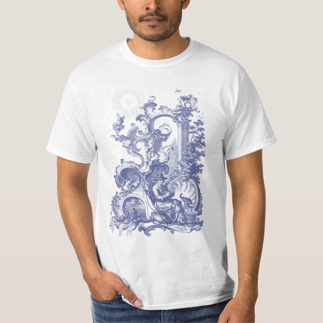 Eleganter antiker Stich blauer Toile Mann und Hund T-Shirt (Vorderseite)