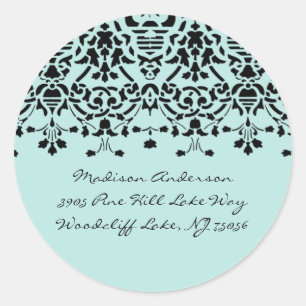 Eleganter Aqua & Black Damask Adressenaufkleber Runder Aufkleber