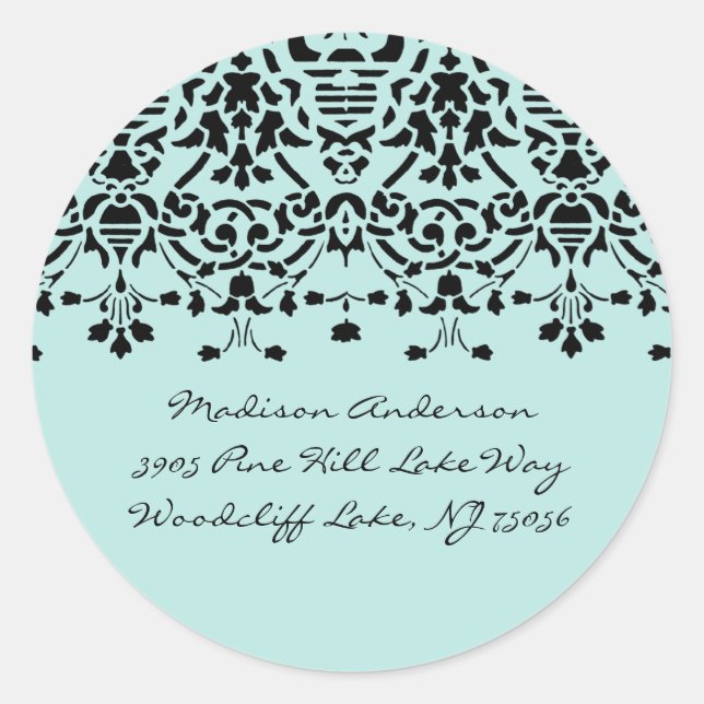Eleganter Aqua & Black Damask Adressenaufkleber Runder Aufkleber (Vorderseite)