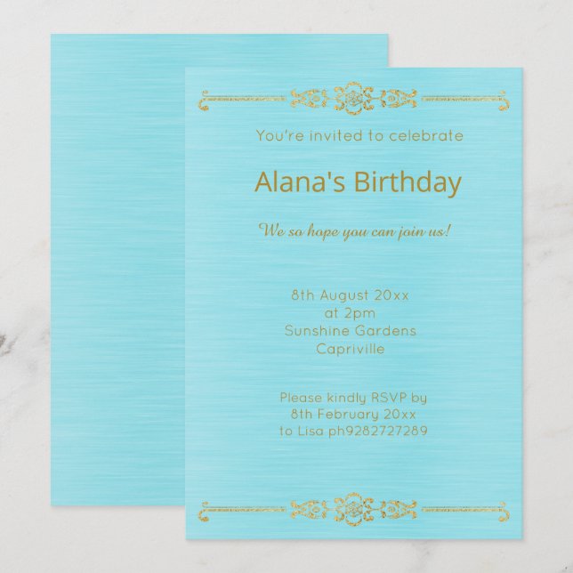 ELEGANTER AQUA BLAUE GOLD GRENZEINLADUNG EINLADUNG (Vorne/Hinten)