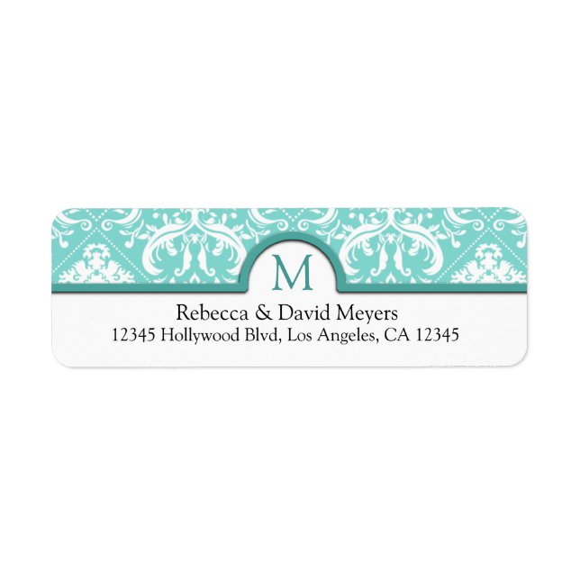 Eleganter Aqua Blue & White Damask mit Monogram (Vorne)