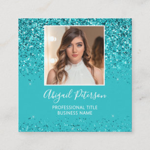 Eleganter Aqua-Glitter-Foto-QR-Code  Quadratische Visitenkarte