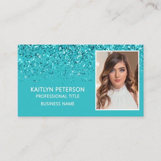 Eleganter Aqua-Glitter-Foto-QR-Code  Visitenkarte (Vorderseite)