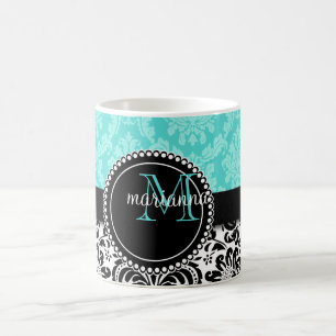 Eleganter Aqua-Schwarz-Damast personalisiert Kaffeetasse