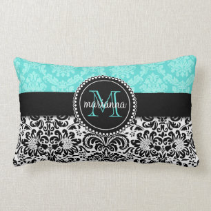 Eleganter Aqua-Schwarz-Damast personalisiert Lendenkissen