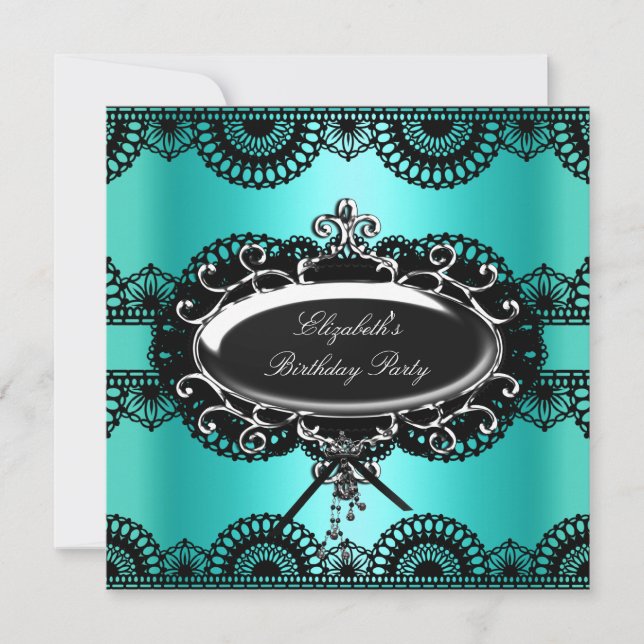 Eleganter Aquamarin Blue Black Silver Lace Geburts Einladung (Vorderseite)