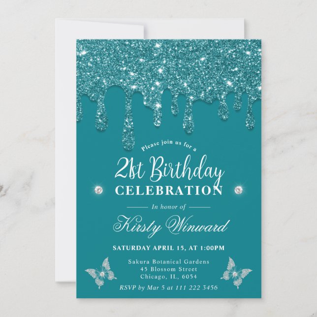 Eleganter Aquamarin Dripping Glitzer 21. Geburtsta Einladung (Vorderseite)