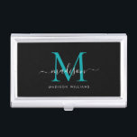 Eleganter, Aquamarin-grüner Monogram-Chic-Skriptna Visitenkarten Dose<br><div class="desc">Elegantes Black Aquamarin Green Monogram Girly Script Name Business Card Case</div>