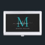 Eleganter, Aquamarin-grüner Monogram-Chic-Skriptna Visitenkarten Dose<br><div class="desc">Elegantes Black Aquamarin Green Monogram Girly Script Name Business Card Case</div>