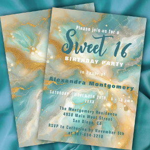 Eleganter Aquamarine Marmor Gold Glitzer Sweet 16 Einladung