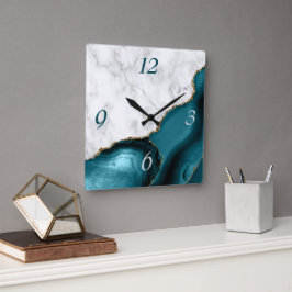 Eleganter Aquamariner Agate Gold Glitzer Marmor Quadratische Wanduhr