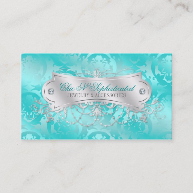 Eleganter aquamariner blauer Damast-Strudel Visitenkarte (Vorderseite)