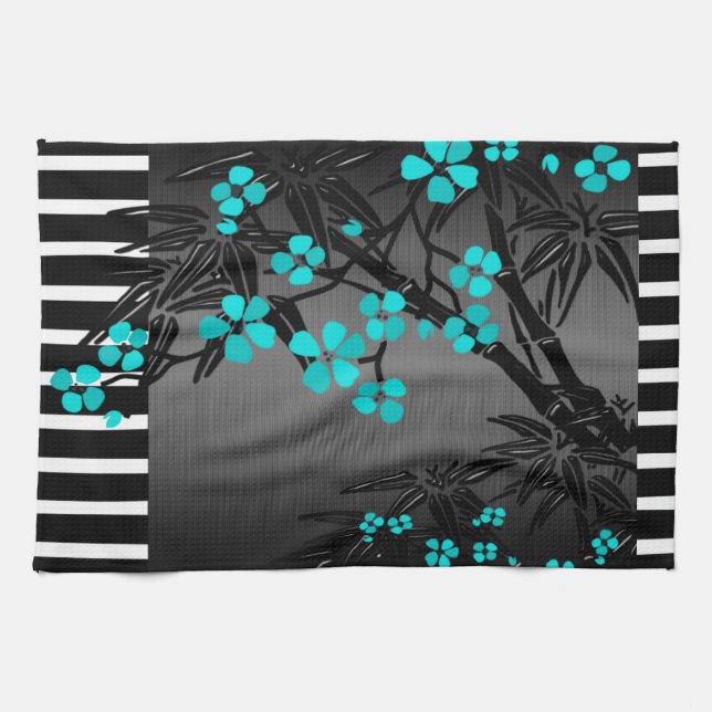 Eleganter Aquamariner Blossom Black Asian Bamboo Geschirrtuch (Horizontal)