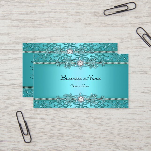 Eleganter Aquamariner Blue Damask Embossed Look Visitenkarte (Vorderseite/Rückseite Beispiel)