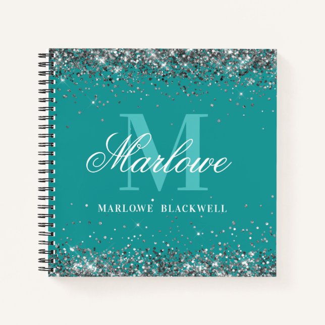 Eleganter Aquamariner Blue Green Monogram Silver G Notizbuch (Vorderseite)