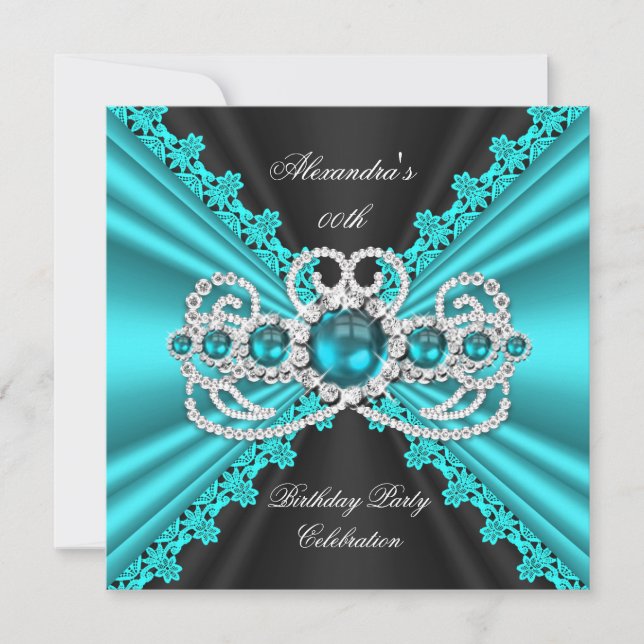 Eleganter Aquamariner Blue Lace Black Diamond Gebu Einladung (Vorderseite)
