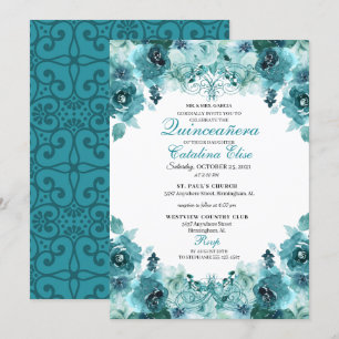 Eleganter Aquamariner Blumenstrauß Geburtstag Einladung