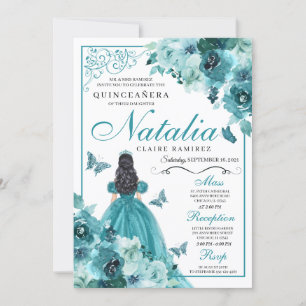Eleganter Aquamariner Blumenstrauß Geburtstag Einladung
