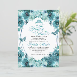 Eleganter Aquamariner Blumenstrauß Geburtstag Einladung
