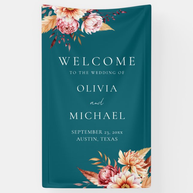Eleganter Aquamariner Boho Chic Floral Wedding Wil Banner (Vertikal)