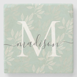 Eleganter Aquamariner Botanischer Blätter Monogram Steinuntersetzer