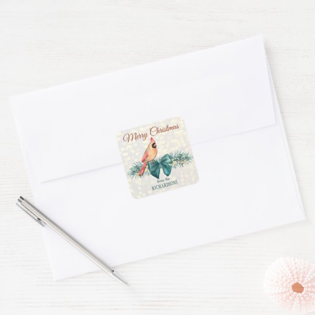Eleganter Aquamariner Bow Pine Bough mit Kardinal  Quadratischer Aufkleber (Umschlag)