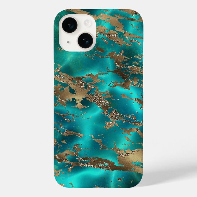 Eleganter Aquamariner Edelsteinmarmor Case-Mate iPhone 14 Hülle (Rückseite)