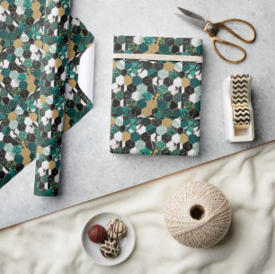 Eleganter Aquamariner, geometrischer und goldener  Geschenkpapier