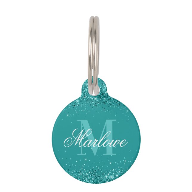 Eleganter Aquamariner Glitzer Blue Green Monogram Haustiermarke (Vorderseite)