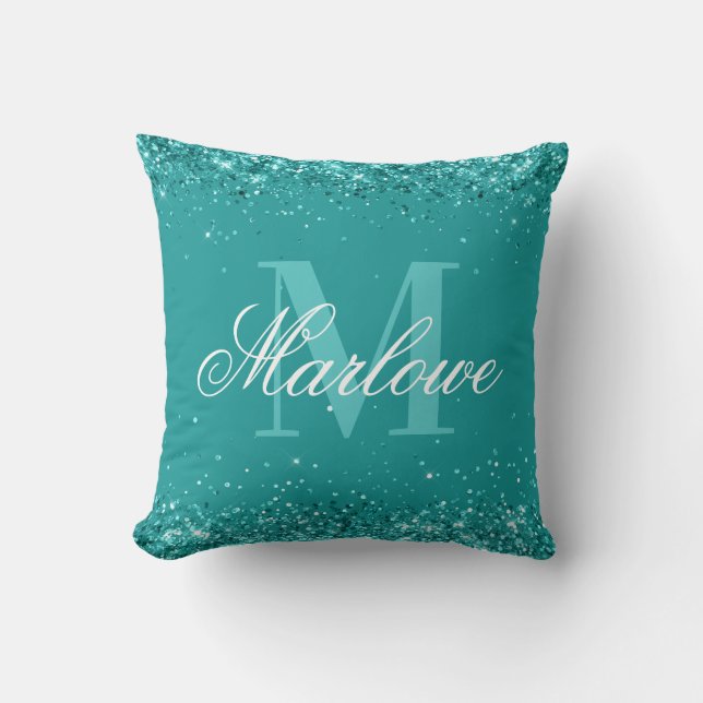 Eleganter Aquamariner Glitzer Blue Green Monogram Kissen (Vorderseite)