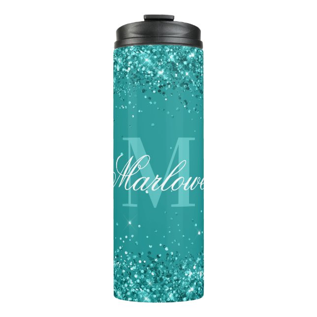 Eleganter Aquamariner Glitzer Blue Green Monogram Thermosbecher (Vorderseite)
