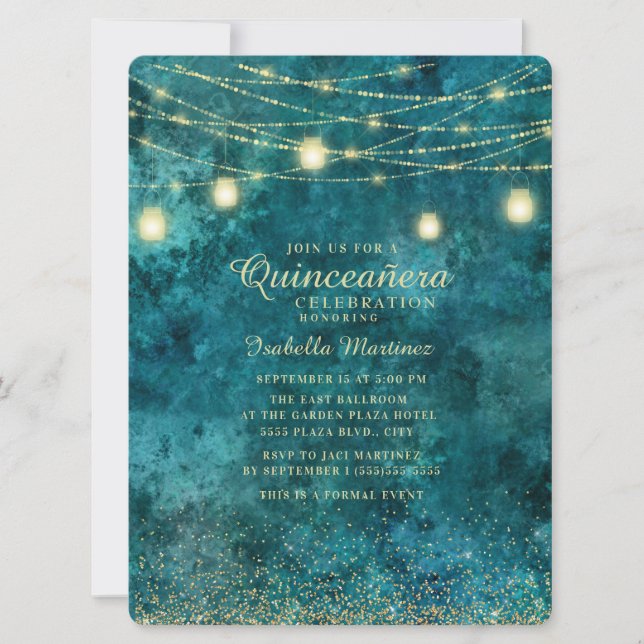 Eleganter Aquamariner Glitzer String Light Quinceñ Einladung (Vorderseite)