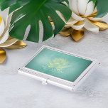 Eleganter Aquamariner Gold Lotus Yoga Meditation I Visitenkarten Dose<br><div class="desc">Eleganter glühender Gold Lotus und Aquamarine Grunge Hintergrund Yoga Meditation Instructor Business Card Inhaber Template.</div>