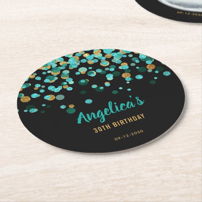 Eleganter Aquamariner Goldener Glitzer Confetti Ge Runder Pappuntersetzer (Angewinkelt)