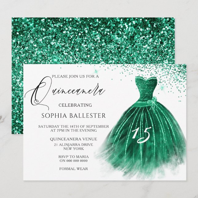 Eleganter Aquamariner grüner Glitzer Gown Quincean Einladung (Vorne/Hinten)