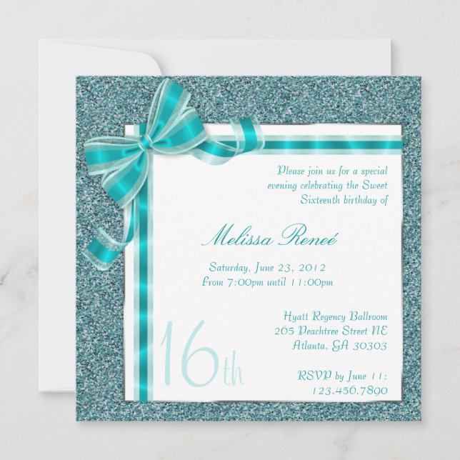 Eleganter aquamariner Imitat-Glitzer laden mit Einladung (Vorderseite)