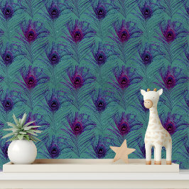Eleganter Aquamariner Lila Glitzer Peacock Feather Tapete