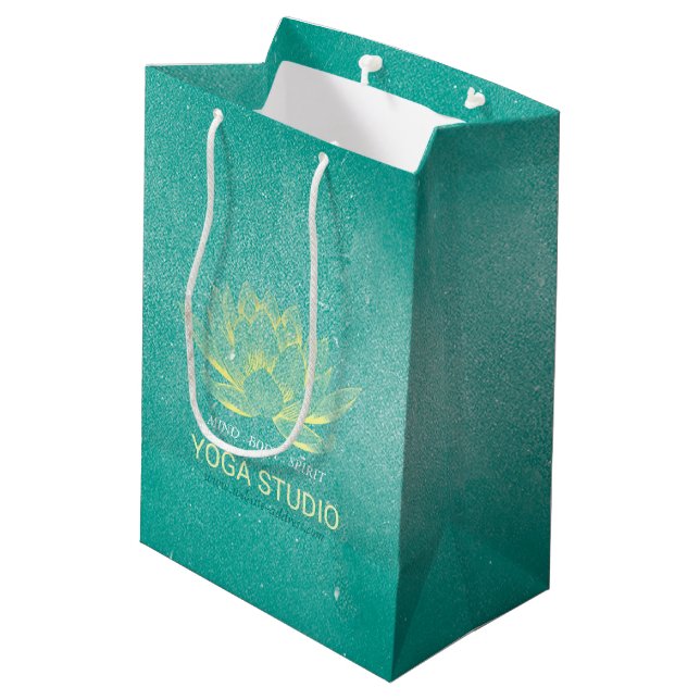 Eleganter Aquamariner Lotus YOGA Meditation Instru Mittlere Geschenktüte (Rückseite Schrägansicht)