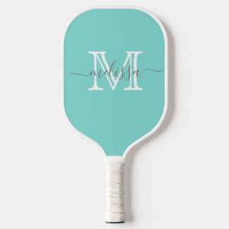 Eleganter Aquamariner Minimalname und Monogramm Pickleball Schläger