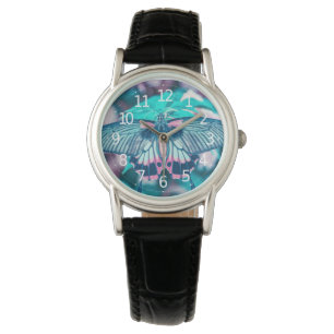 Eleganter Aquamariner Schmetterling Nah-up Frauen Armbanduhr