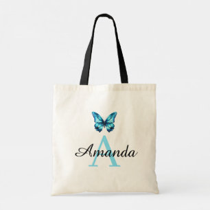 Eleganter Aquamariner Schmetterlingsname Monogramm Tragetasche