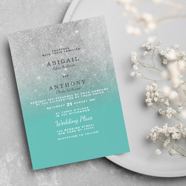Eleganter, aquamariner silberner Glitzer Ober Hoch Einladung (Elegant chic teal silver glitter ombre wedding )